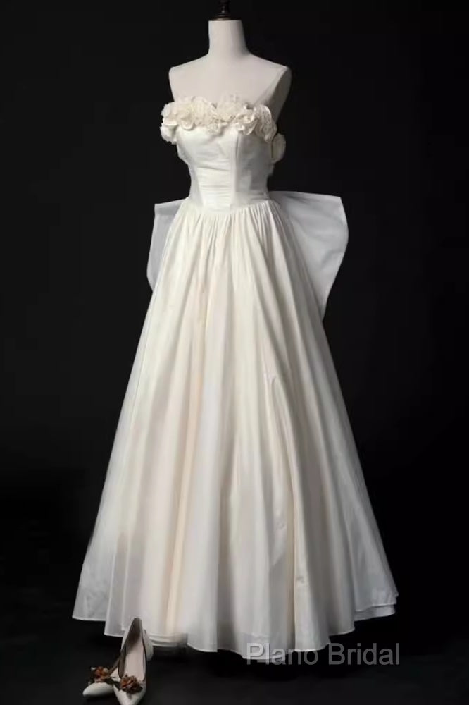 Vintage A Line Strapless Satin White Long Wedding Dresses Brides Dresses
