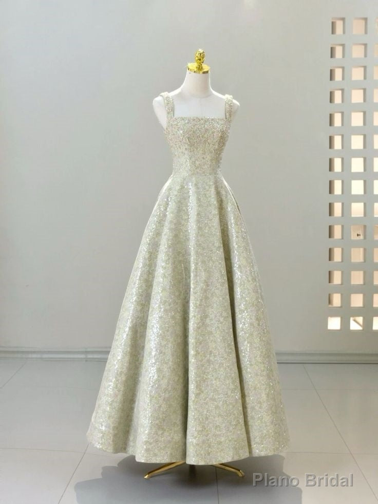 Vintage A line Straps Sequin Satin Long Evening Dress Prom Dresses