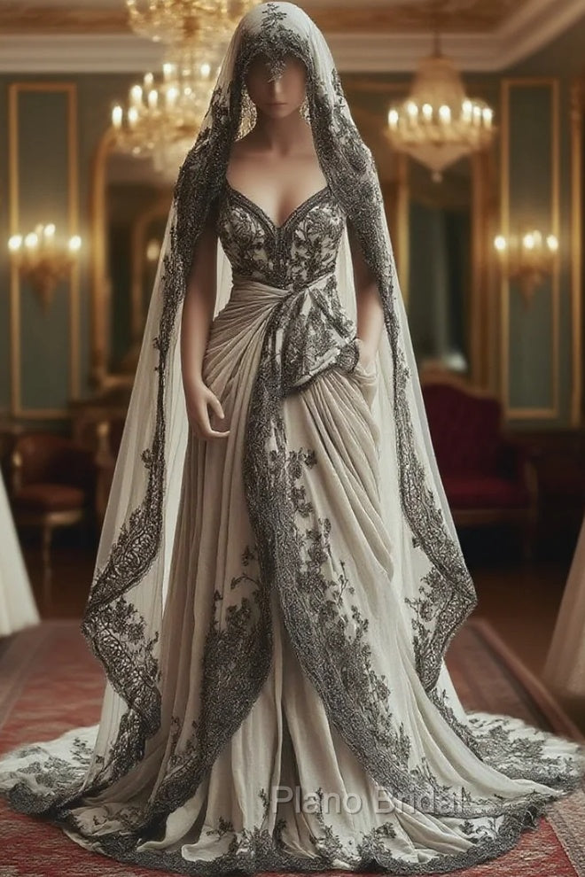 Vintage A-Line V-Neck Lace Appliqu Long Formal Prom Dresses With Veil Wedding Dresses Main image