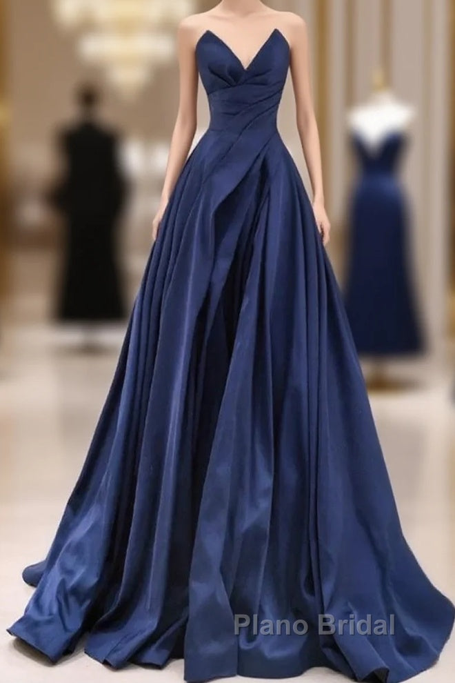 Vintage A-Line V Neck Satin Dark Blue Long Formal Prom Dresses, Blue Long Formal Dresses Main image
