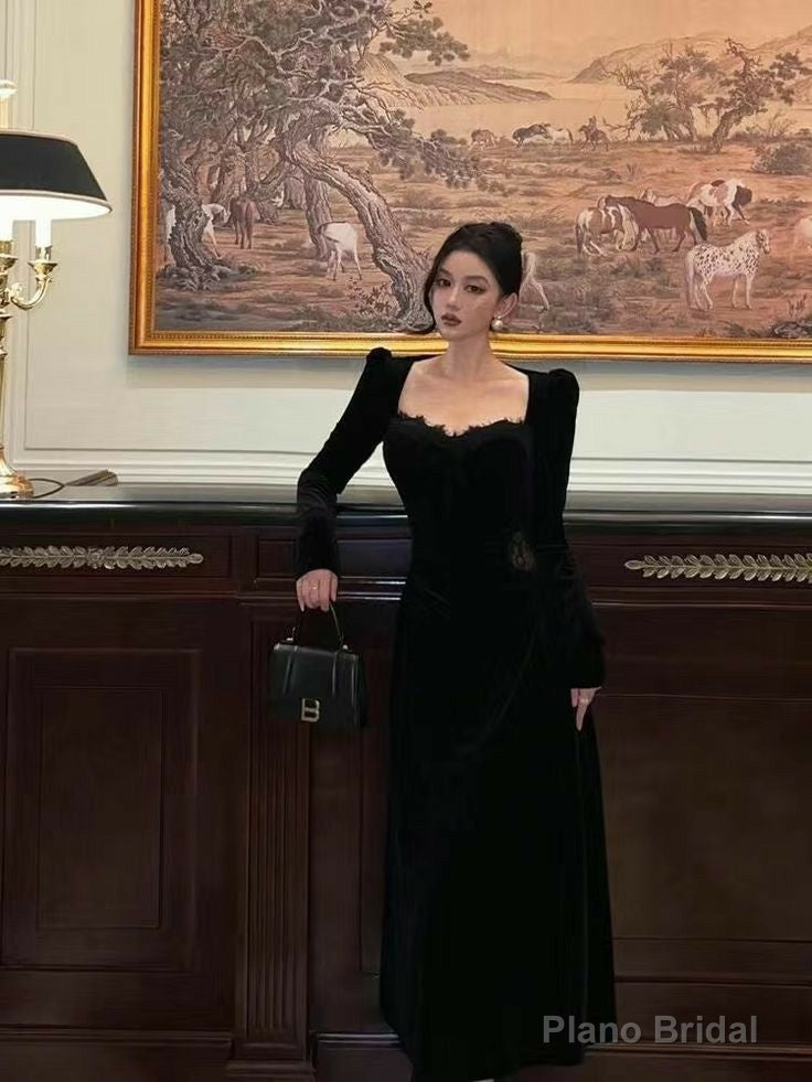 Vintage Balck Long Sleeve Dress Woman Elegant Fashion Velvet Prom Dresses