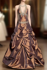 Vintage Ball Gown Halter Brown Sleeveless Long Formal Prom Gown Fairy Formal Prom Dresses