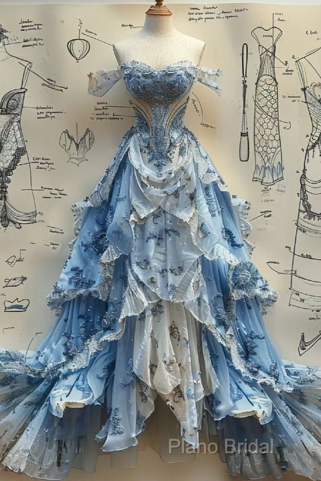 Vintage Ball Gown Strapless Off The Shoulder Blue Lace Formal Prom Dresses Party Dresses Secondary image