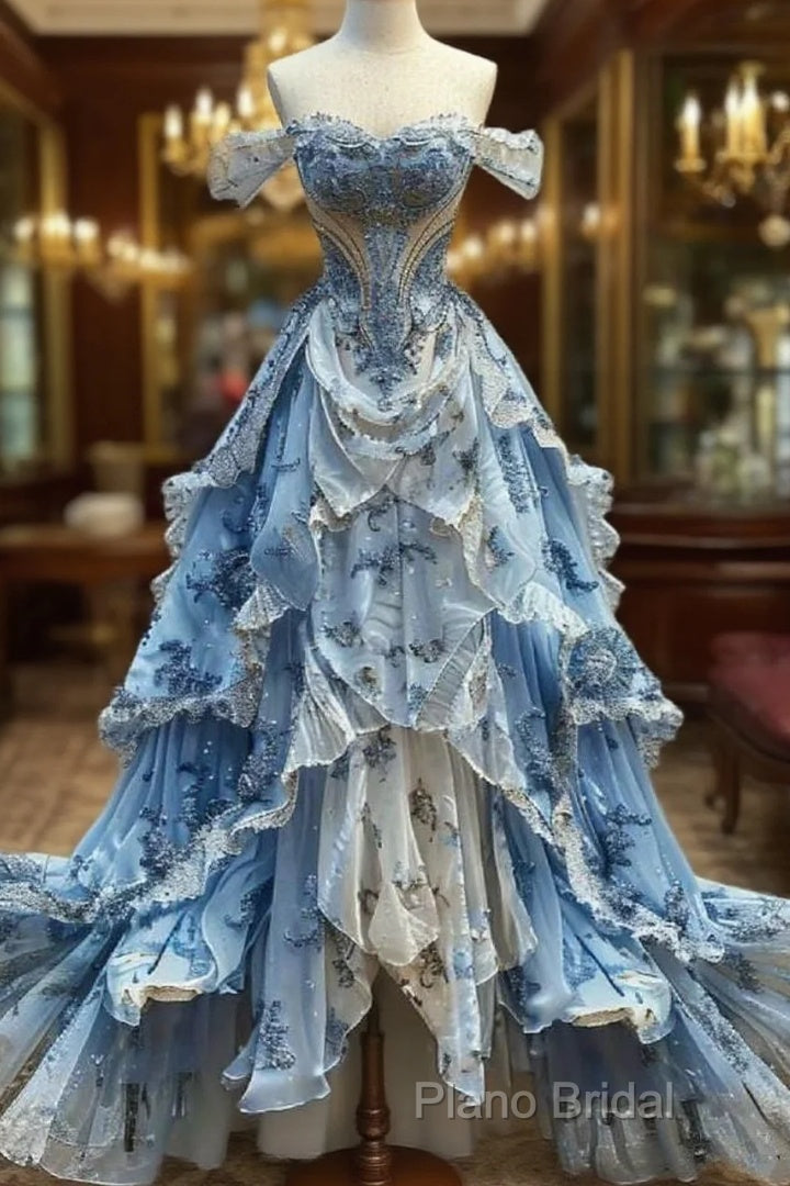 Vintage Ball Gown Strapless Off The Shoulder Blue Lace Formal Prom Dresses Party Dresses Main image