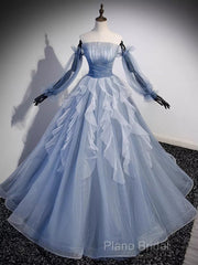 Vintage Ball Gown Strapless Satin Dusty Blue Tulle Long Formal Prom Dresses Formal Dresses