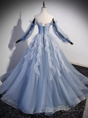Vintage Ball Gown Strapless Satin Dusty Blue Tulle Long Formal Prom Dresses Formal Dresses