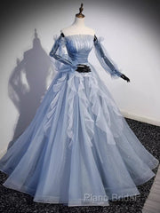 Vintage Ball Gown Strapless Satin Dusty Blue Tulle Long Formal Prom Dresses Formal Dresses
