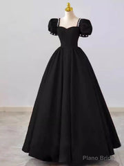 Vintage Ball Gown Satin Black Long Prom Dress Wedding Party Dresses