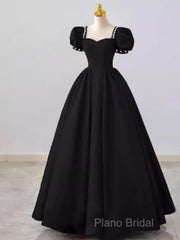 Vintage Ball Gown Sweetheart Satin Black Long Formal Prom Dresses Formal Dresses