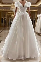 Vintage Ball Gown V Neckline Chiffon White Long Wedding Dresses Brides Dresses