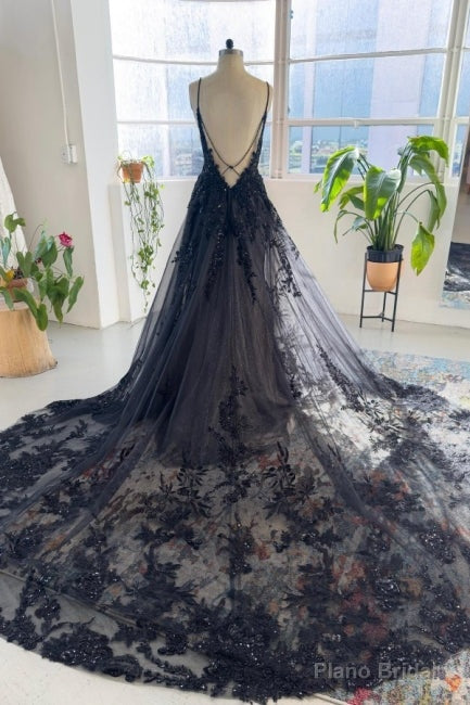 Vintage Black Spaghetti-Straps Sleeveless Long Lace Sequined Wedding Dresses Online Secondary image