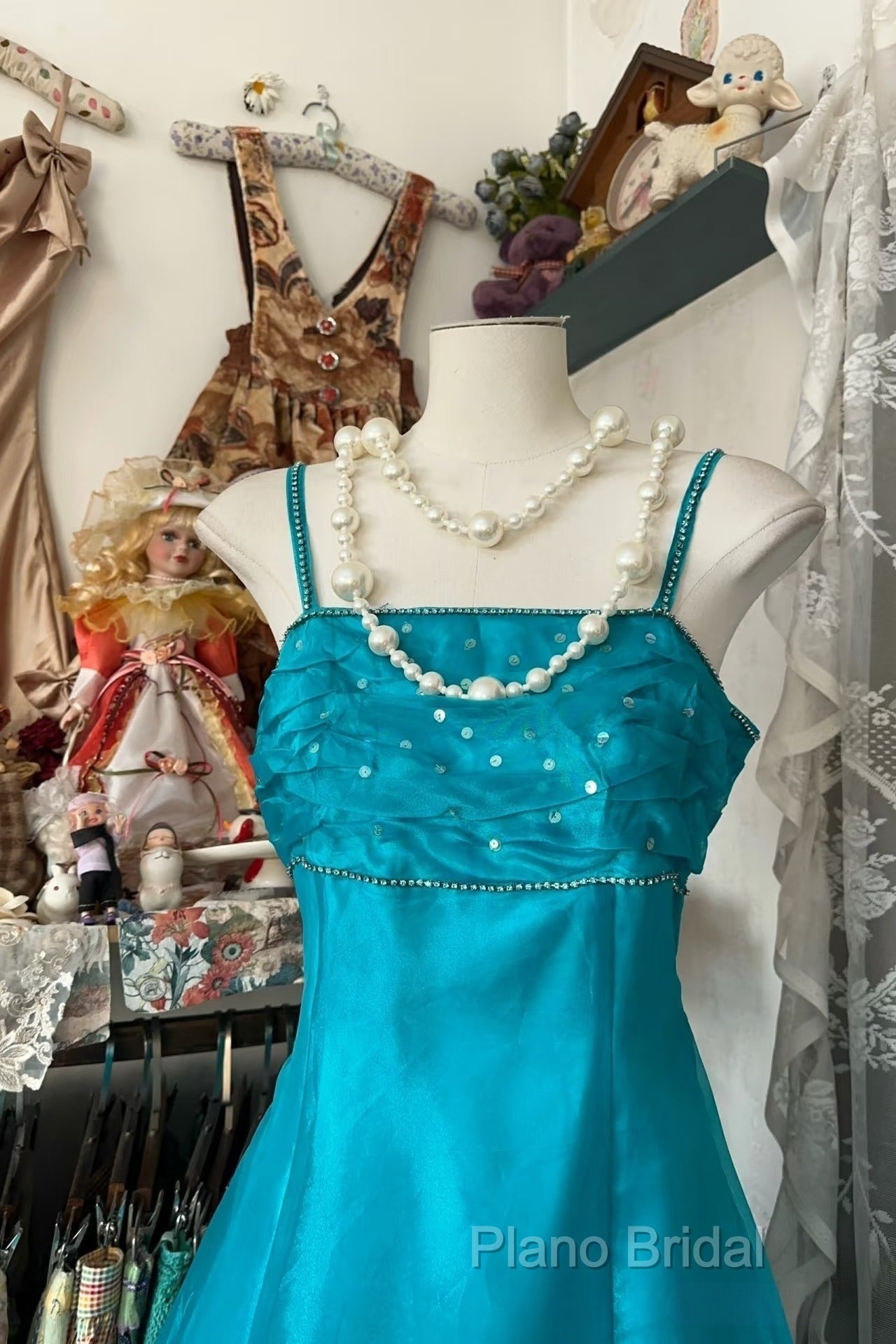 Vintage Fashion A Line Spaghetti Straps Blue Floor Length Formal Dresses Formal Prom Dresses Secondary image