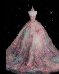 Vintage Fashion Ball Gown Strapless Pink Floral Floor Length Formal Dresses Formal Prom Dresses