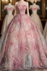 Vintage Fashion Ball Gown Strapless Pink Floral Floor Length Formal Dresses Formal Prom Dresses