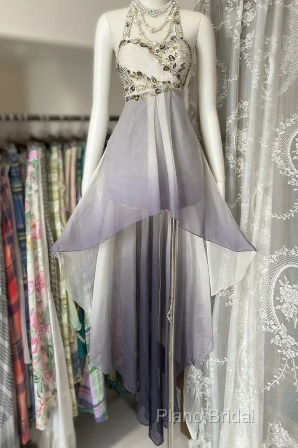 Vintage Fashion High Low Halter Ombre Gray Chiffon Formal Dresses Formal Prom Dresses Main image
