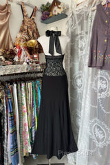 Vintage Fashion Mermaid Halter Black Floor Length Formal Dresses Formal Prom Dresses