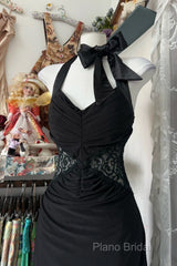 Vintage Fashion Mermaid Halter Black Floor Length Formal Dresses Formal Prom Dresses