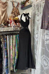 Vintage Fashion Mermaid Halter Black Floor Length Formal Dresses Formal Prom Dresses
