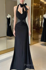 Vintage Fashion Mermaid Halter Black Floor Length Formal Dresses Formal Prom Dresses