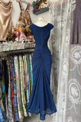 Vintage Fashion Mermaid V Neckline Navy Blue Floor Length Formal Dresses Formal Prom Dresses