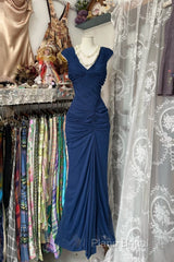 Vintage Fashion Mermaid V Neckline Navy Blue Floor Length Formal Dresses Formal Prom Dresses