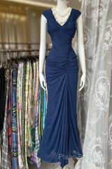 Vintage Fashion Mermaid V Neckline Navy Blue Floor Length Formal Dresses Formal Prom Dresses