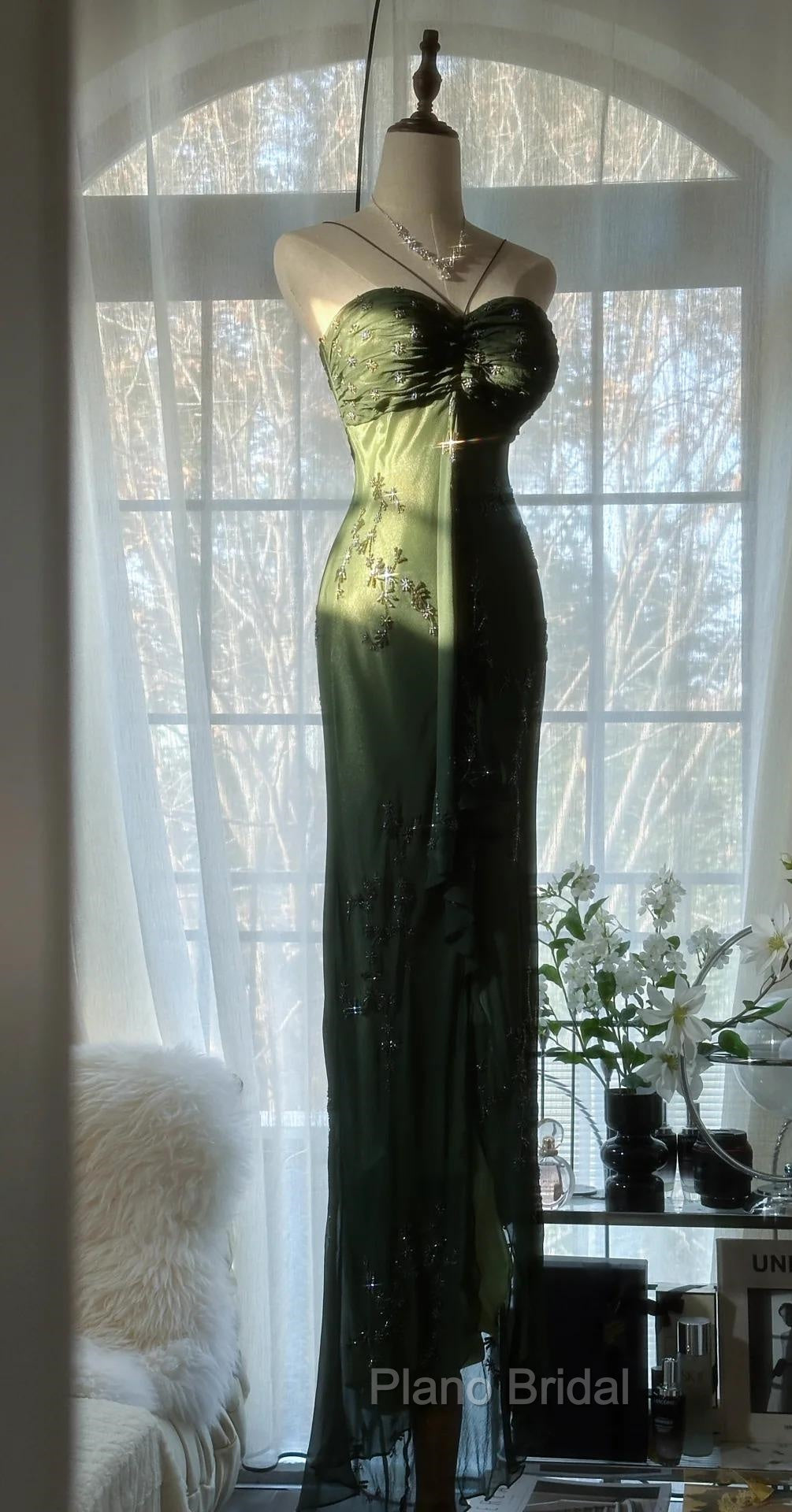 Vintage Forest Green Formal Prom Dresses For Party&Quinceanera-Elegant Spaghetti Straps Glitter Beaded Evening Gown Secondary image