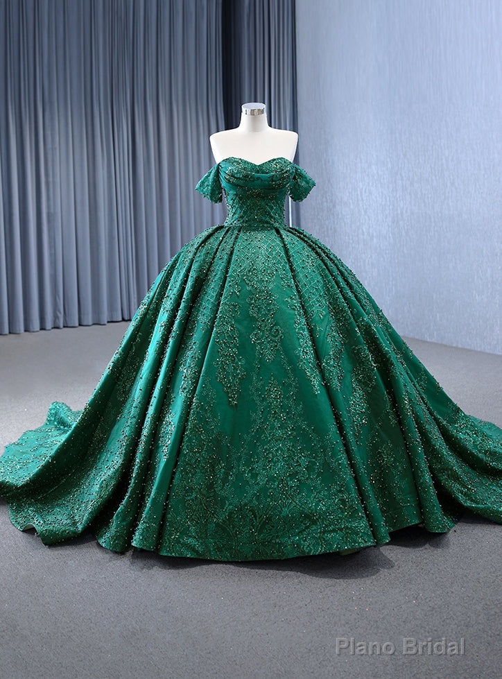 Vintage Green Tulle Sequins Off the Shoulder Pearls Prom Dress Main image