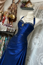 Vintage Halter Sheath Long Formal Prom Dresses Beaded Satin Blue Formal Evening Dresses Sleeveless Birthday Dresses