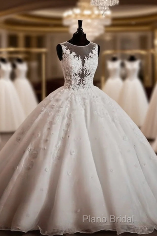 Vintage Illusion Neckline Lace Wedding Dresses Ball Gowns