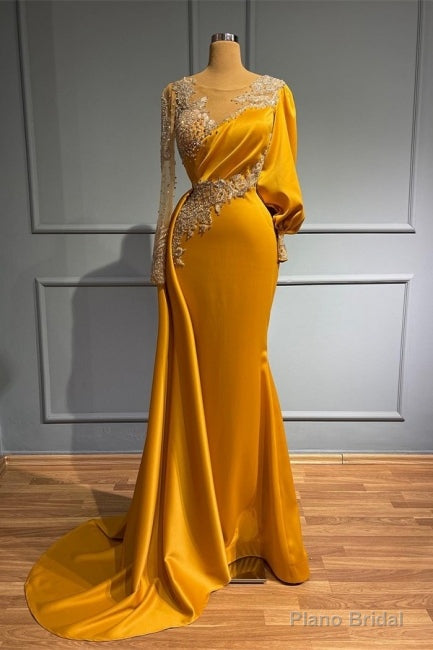 Vintage Jewel Asymmetric Beading Long Sleeves Evening Prom Dresses with Appliques Main image