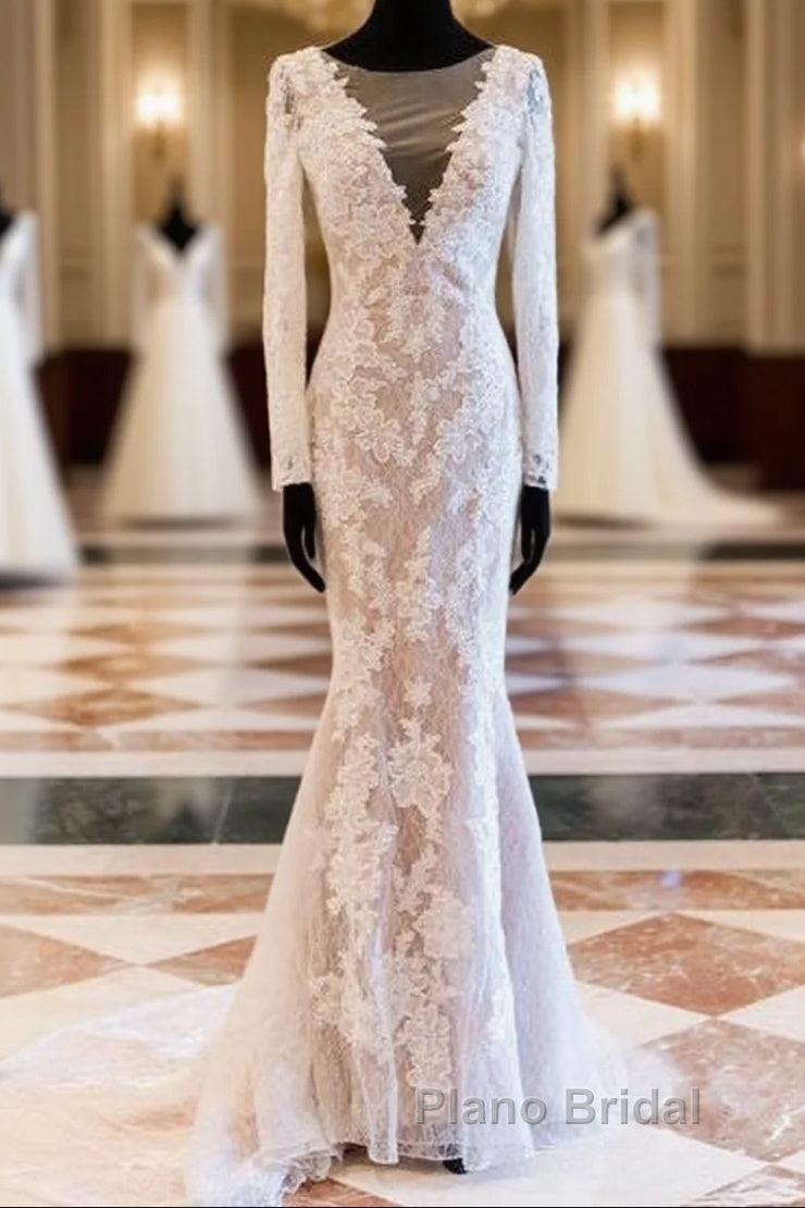 Vintage Lace Long Sleeve See Through Back Nude Mermaid Wedding Dresses, Main image
