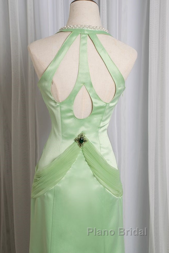 Vintage Light Green Mermaid Halter Satin Beaded Long Formal Prom Dresses Secondary image