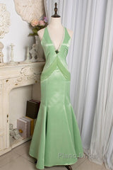 Vintage Light Green Mermaid Halter Satin Beaded Long Formal Prom Dresses