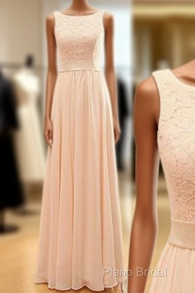 Vintage Long Column Lace Top Bateau Neck Sleeveless Blush Pink Zipper Back Maxi Bridesmaid Dresses, Main image