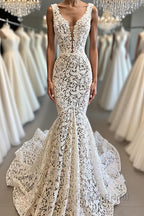 Vintage Long Mermaid V-neck Lace Backless Wedding Dresses