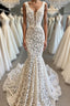 Vintage Long Mermaid V-neck Lace Backless Wedding Dresses