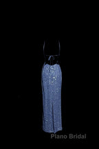 Vintage Mermaid Boat Neck Blue Sequin Backless Formal Prom Gown Fairy Formal Prom Dresses