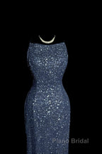 Vintage Mermaid Boat Neck Blue Sequin Backless Formal Prom Gown Fairy Formal Prom Dresses