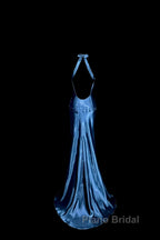 Vintage Mermaid Halter Neck Blue Satin Backless Formal Prom Gown Fairy Formal Prom Dresses