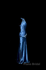 Vintage Mermaid Halter Neck Blue Satin Backless Formal Prom Gown Fairy Formal Prom Dresses