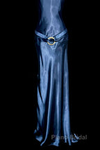 Vintage Mermaid Halter Neck Blue Satin Backless Formal Prom Gown Fairy Formal Prom Dresses