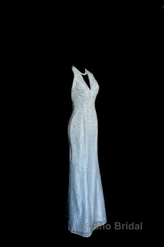 Vintage Mermaid Halter Neck Blue Sequin Formal Prom Gown Fairy Formal Prom Dresses