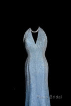 Vintage Mermaid Halter Neck Blue Sequin Formal Prom Gown Fairy Formal Prom Dresses