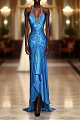 Vintage Mermaid Halter Neck Royal Blue Satin Backless Formal Prom Gown Fairy Formal Prom Dresses