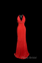 Vintage Mermaid Halter Satin Red Formal Prom Gown Fairy Formal Prom Dresses