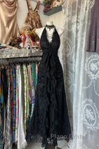 Vintage Mermaid Halter Sleeveless Long Black Lace Evening Dresses Formal Prom Dresses