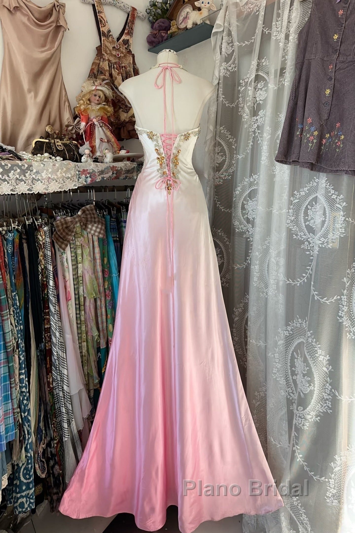 Vintage Mermaid Halter Sleeveless Long Ombre Pink Evening Dresses Formal Prom Dresses