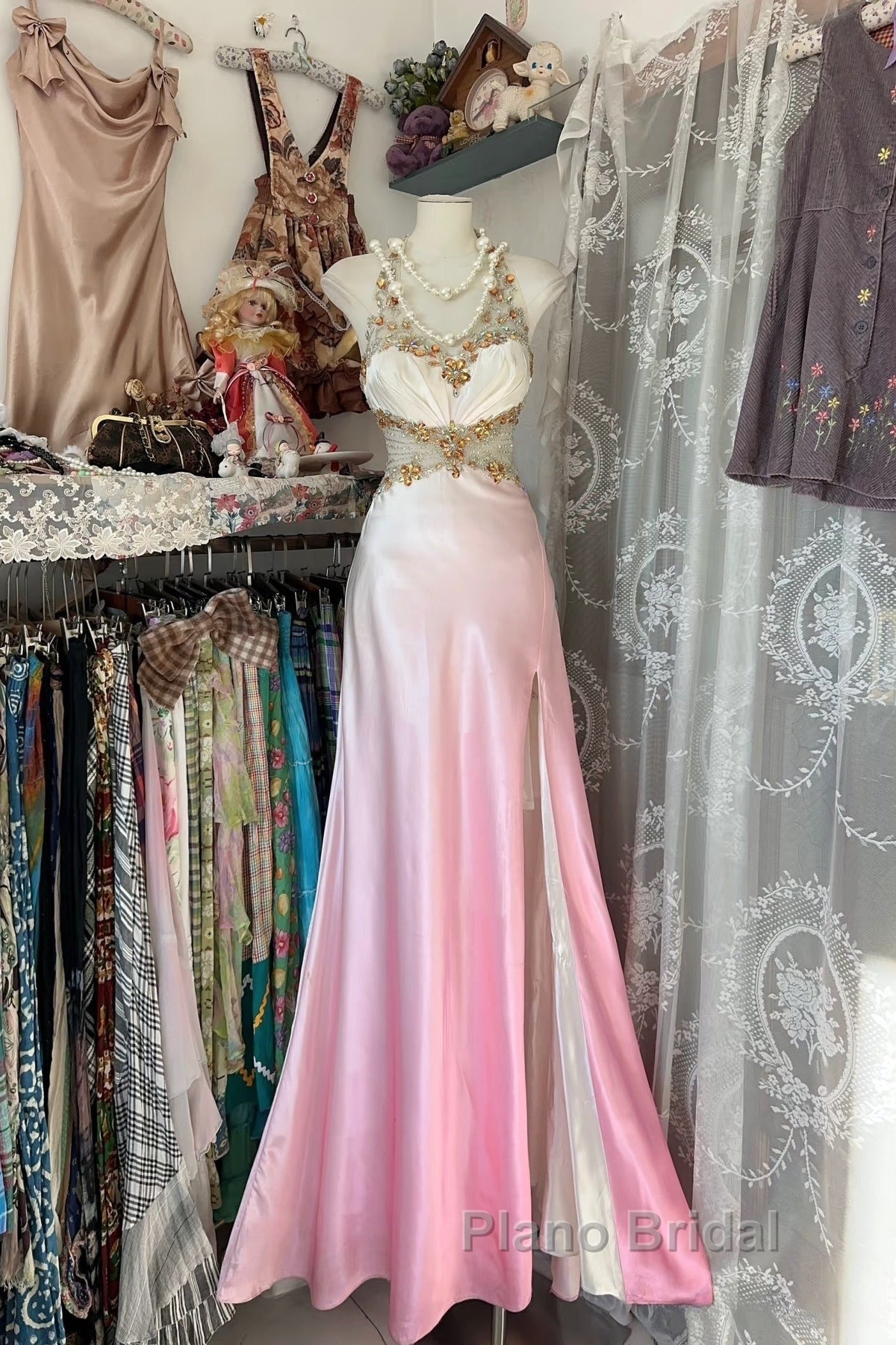Vintage Mermaid Halter Sleeveless Long Ombre Pink Evening Dresses Formal Prom Dresses