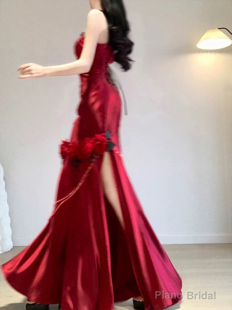 Vintage Mermaid One Shoulder Burgundy Satin Long Floor Length Prom Dresses Secondary image